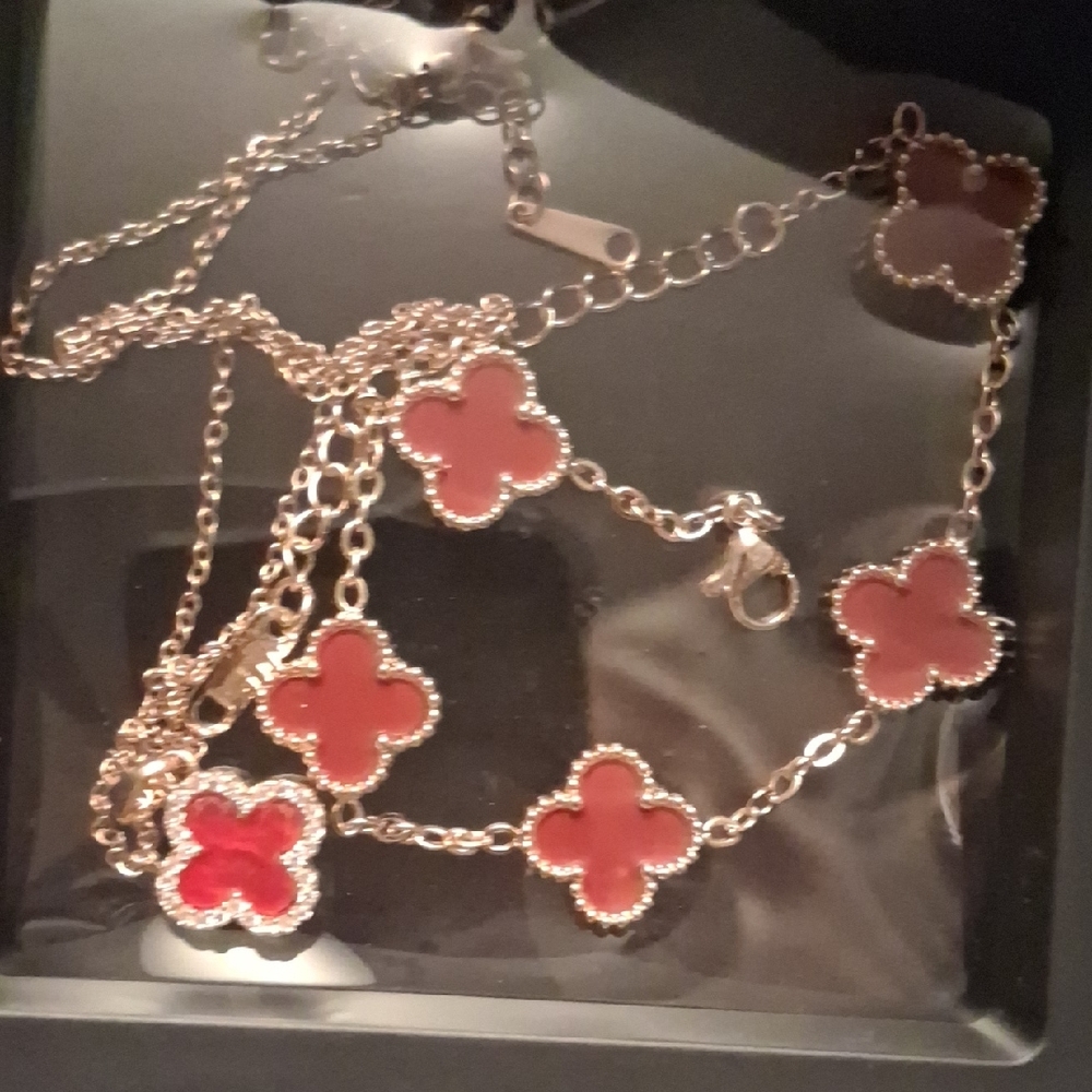 Gold-Tone Four-Leaf Clove Necklace And Matching Braclet with Red/pearl Accents
